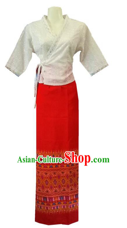 Chinese Dai Nationality Stage Show Outfit Costumes Traditional Dai Ethnic Folk Dance White Blouse and Red Straight Skirt Complete Set