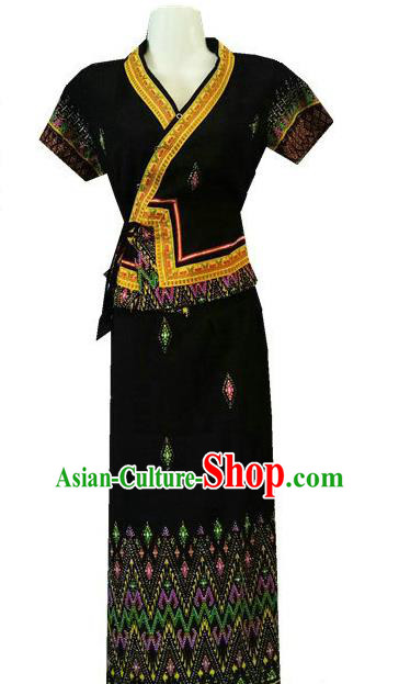 Chinese Dai Nationality Stage Show Outfit Costumes Traditional Dai Ethnic Folk Dance Black Blouse and Straight Skirt Complete Set