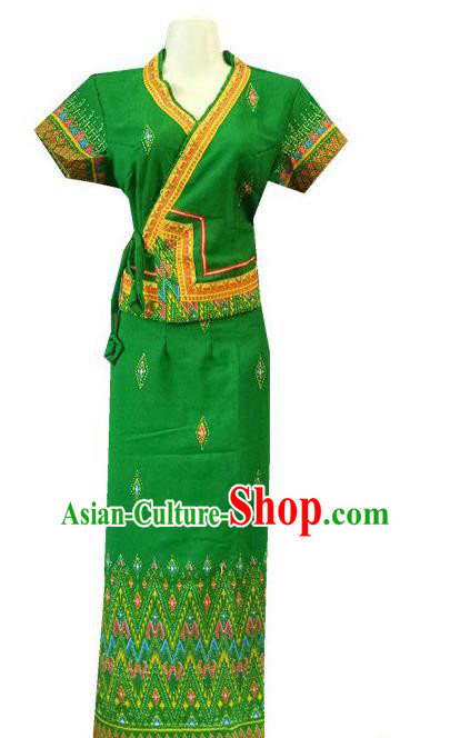 Chinese Dai Nationality Stage Show Green Outfit Costumes Traditional Dai Ethnic Folk Dance Blouse and Straight Skirt Complete Set