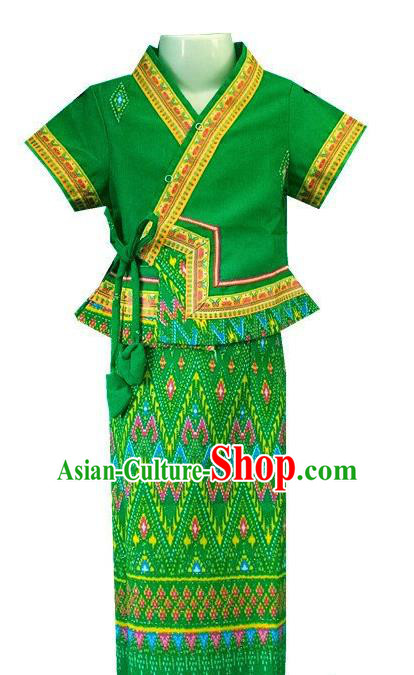 Chinese Dai Nationality Girl Dress Costumes Traditional Dai Ethnic Children Green Blouse and Straight Skirt for Kids
