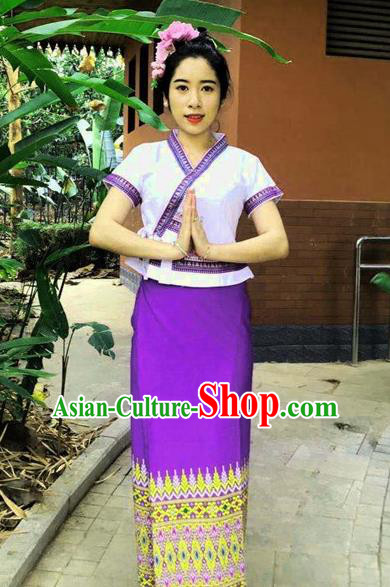 Chinese Dai Nationality Stage Show Outfit Costumes Traditional Dai Ethnic Folk Dance White Blouse and Purple Straight Skirt Complete Set