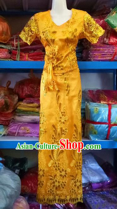 Yellow Chinese Dai Nationality Embroidered Outfit Costumes Traditional Dai Ethnic Folk Dance Blouse and Straight Skirt Full Set
