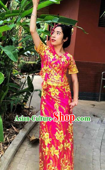 Rosy Chinese Dai Nationality Embroidered Outfit Costumes Traditional Dai Ethnic Folk Dance Blouse and Straight Skirt Full Set