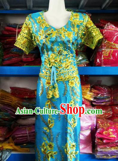 Blue Chinese Dai Nationality Embroidered Outfit Costumes Traditional Dai Ethnic Folk Dance Blouse and Straight Skirt Full Set