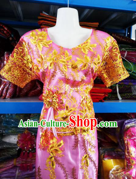 Chinese Dai Nationality Embroidered Outfit Costumes Traditional Dai Ethnic Folk Dance Pink Blouse and Straight Skirt Full Set