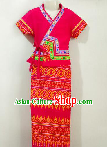 Chinese Dai Nationality Girl Dress Costumes Traditional Dai Ethnic Children Rosy Blouse and Straight Skirt for Kids