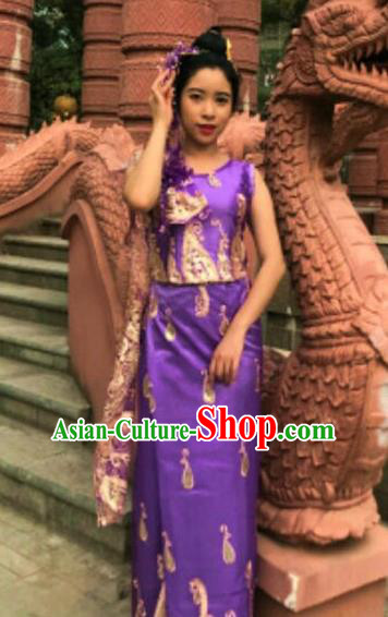 Traditional Chinese Dai Nationality Purple Blouse and Straight Skirt Outfit Dai Ethnic Dance Costumes with Tippet Veil