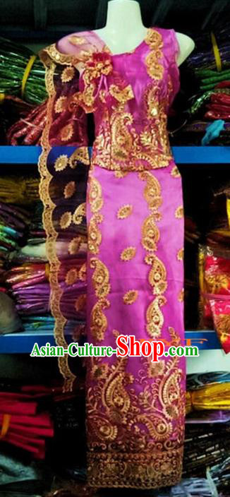Traditional Chinese Dai Nationality Purple Sleeveless Blouse and Straight Skirt Outfit Dai Ethnic Dance Costumes with Tippet Veil