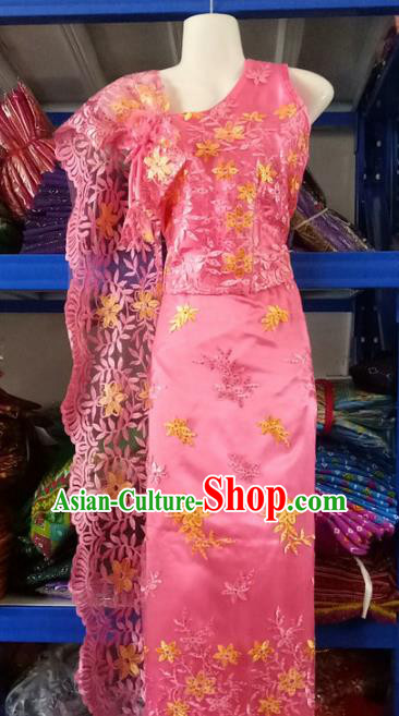 Traditional Chinese Dai Nationality Peach Pink Sleeveless Blouse and Straight Skirt Outfit Dai Ethnic Dance Costumes with Tippet Veil