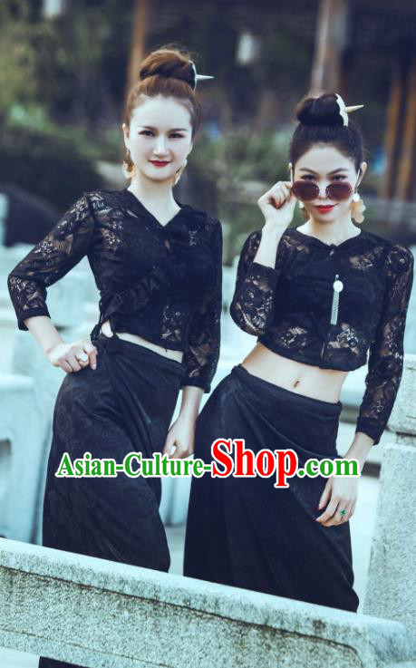 Traditional Chinese Dai Nationality Black Lace Blouse and Straight Skirt Outfit Dai Ethnic Dance Fashion Costumes