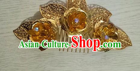 Chinese Dai Nationality Water Sprinkling Festival Hairpin Traditional Ethnic Dance Hair Accessories Handmade Golden Flowers Hair Comb for Women