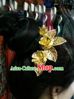 Chinese Dai Nationality Water Sprinkling Festival Hairpin Traditional Ethnic Dance Hair Accessories Handmade Golden Flowers Hair Comb for Women