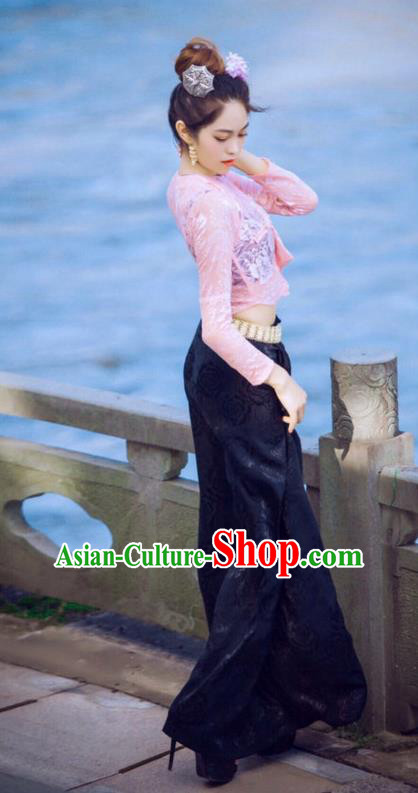 Chinese Dai Nationality Fashion Costumes Traditional Dai Ethnic Pink Lace Blouse and Black Straight Skirt Outfits