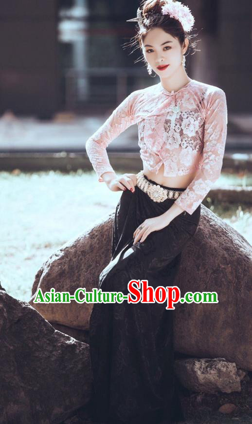 Chinese Dai Nationality Fashion Costumes Traditional Dai Ethnic Pink Lace Blouse and Black Straight Skirt Outfits