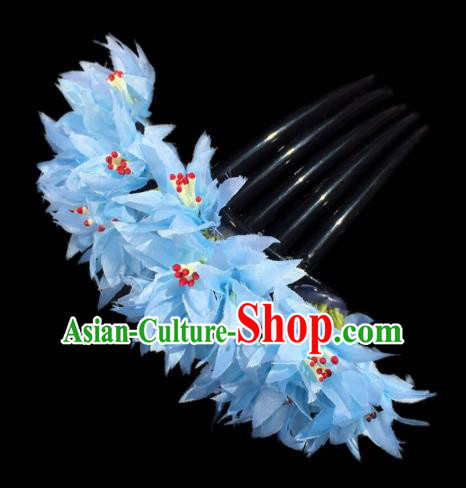 Chinese Dai Nationality Dance Blue Silk Flowers Hairpin Traditional Ethnic Hair Accessories Handmade Hair Comb for Women
