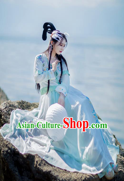 Chinese Tang Dynasty Embroidered Costumes Traditional Ancient Patrician Lady Hanfu Garment Top Blouse and Skirt Full Set