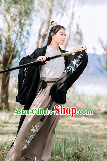 Chinese Jin Dynasty Young Swordsman Costumes Traditional Ancient Scholar Hanfu Garment Embroidered Black Cape Shirt and Skirt Full Set