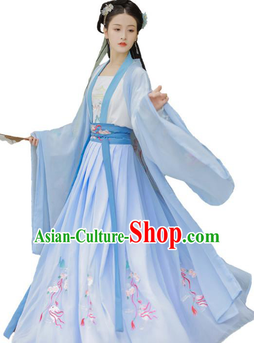 Chinese Tang Dynasty Costumes Ancient Noble Lady Embroidered Blue Cape Blouse and Skirt Traditional Hanfu Apparels