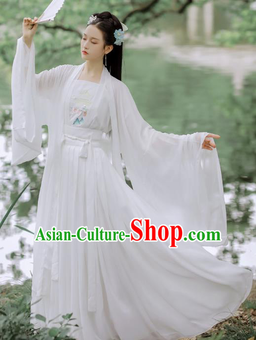Chinese Ming Dynasty Young Female Costumes Traditional Hanfu Apparels Ancient Nobility Lady White Cape Blouse and Skirt Complete Set