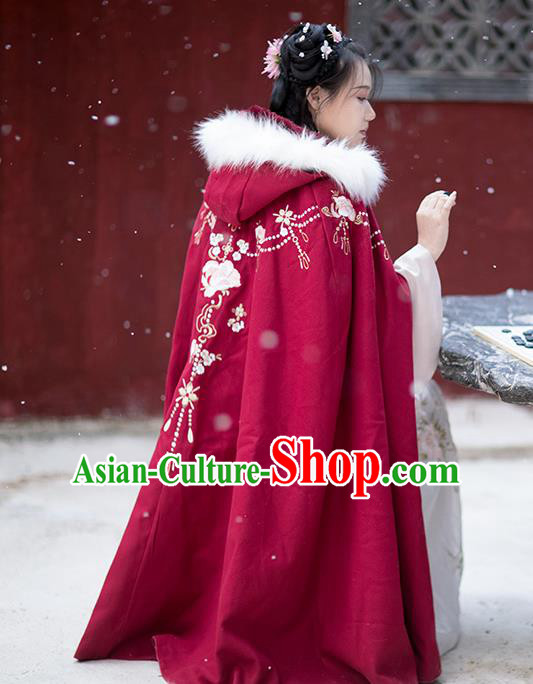 Chinese Ming Dynasty Embroidered Wine Red Cloak Costumes Traditional Ancient Hanfu Garment Winter Woolen Cape for Women