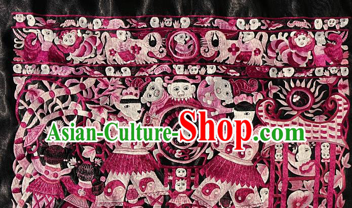 Chinese Traditional Embroidered Rosy Fabric Patches Handmade Embroidery Craft Embroidering Character Applique Miao Ethnic Accessories
