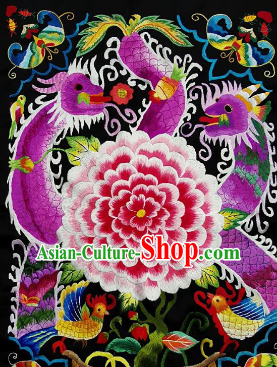 Chinese Traditional Embroidered Deep Purple Dragon Peony Fabric Patches Handmade Embroidery Craft Miao Ethnic Accessories Embroidering Applique