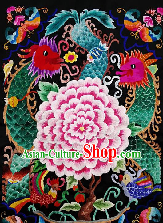 Chinese Traditional Embroidered Green Dragon Peony Fabric Patches Handmade Embroidery Craft Miao Ethnic Accessories Embroidering Applique