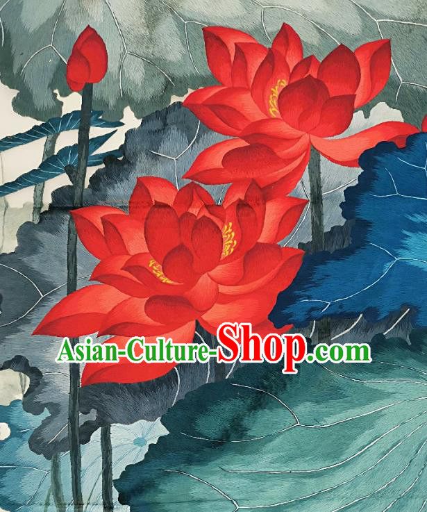 Chinese Traditional Embroidered Red Lotus Decorative Painting Handmade Embroidery Craft Embroidering Cloth Picture