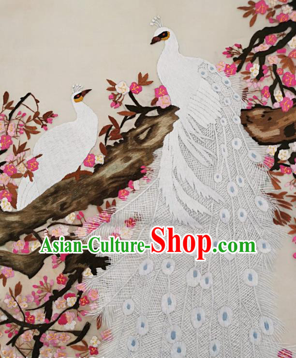 Chinese Traditional Embroidered White Peacock Decorative Painting Handmade Embroidery Craft Embroidering Peach Blossom Cloth Picture