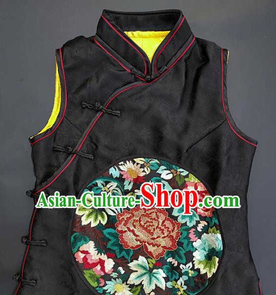 Chinese Traditional Embroidered Peony Vest Handmade Embroidery Costume Tang Suit Black Silk Waistcoat for Adult