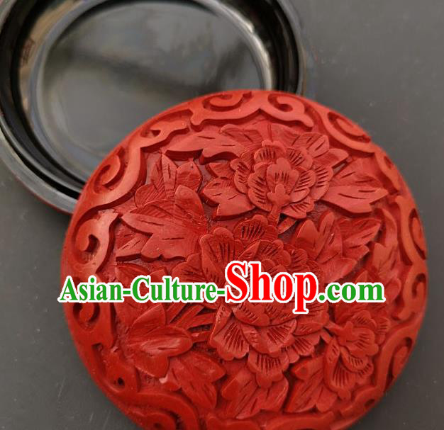 Chinese Traditional Handmade Carving Peony Flower Red Lacquer Rouge Box Lacquerware Craft Inkpad Box