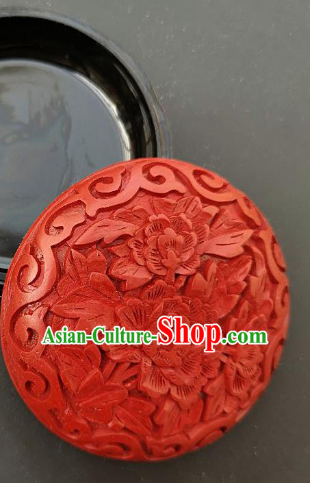 Chinese Traditional Handmade Carving Peony Flower Red Lacquer Rouge Box Lacquerware Craft Inkpad Box