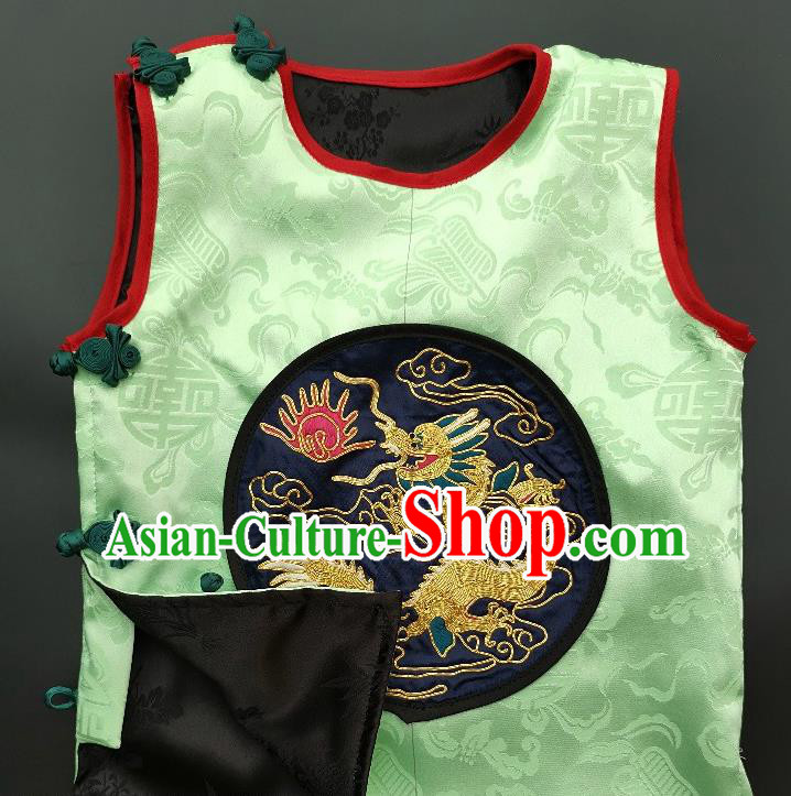 Chinese Traditional Embroidered Dragon Vest Handmade Embroidery Costume Tang Suit Green Silk Waistcoat for Kids