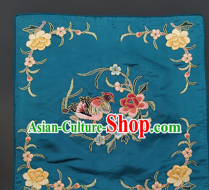 Chinese Traditional Embroidered Mandarin Duck Yellow Peony Fabric Patches Handmade Embroidery Craft Embroidering Green Silk Applique Cushion Accessories