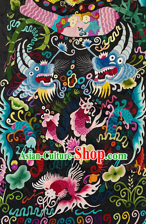 Chinese Traditional Embroidered Dragon Fabric Patches Handmade Embroidery Craft Miao Ethnic Accessories Embroidering Fishes Applique