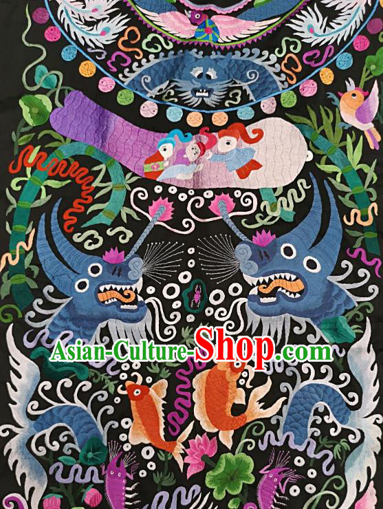 Chinese Traditional Embroidered Fabric Patches Handmade Embroidery Craft Miao Ethnic Accessories Embroidering Dragon Fish Applique