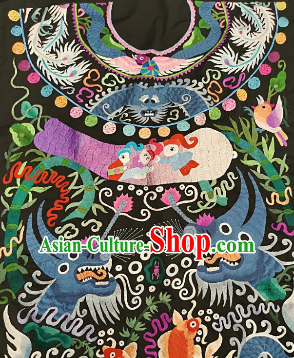 Chinese Traditional Embroidered Fabric Patches Handmade Embroidery Craft Miao Ethnic Accessories Embroidering Dragon Fish Applique