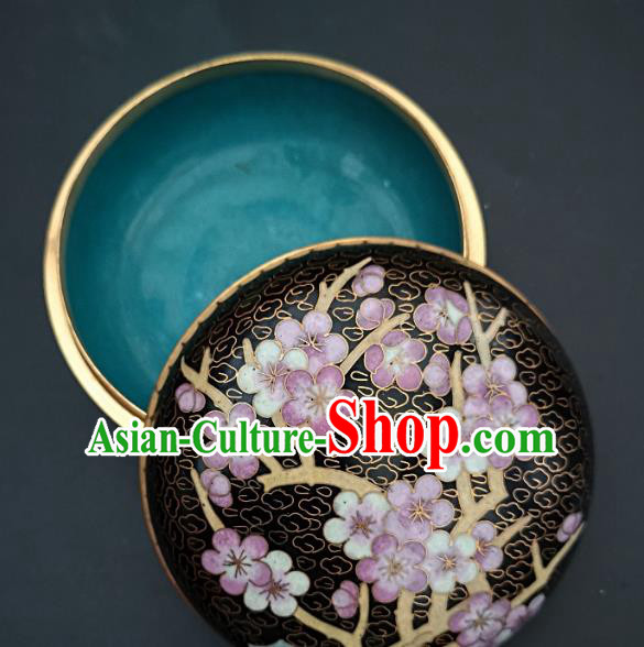Chinese Traditional Cloisonne Plum Blossom Pattern Rouge Box Handmade Brass Craft Enamel Black Inkpad Box Accessories