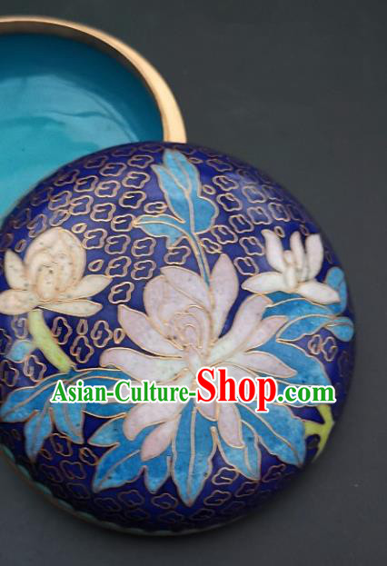 Chinese Traditional Cloisonne LotusPattern Rouge Box Handmade Brass Craft Enamel Royalblue Inkpad Box Accessories