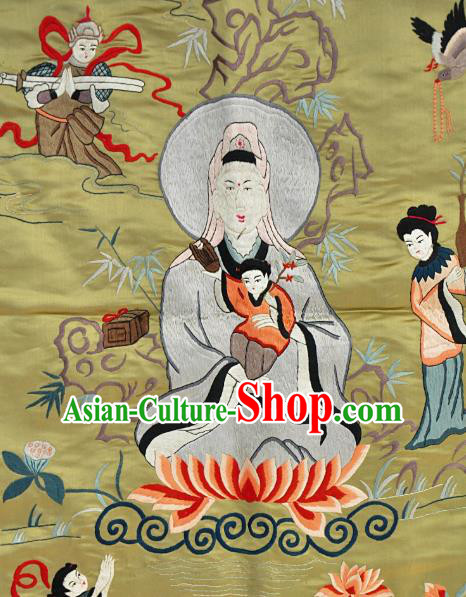 Chinese Traditional Embroidered Avaloktesvara Fabric Patches Handmade Embroidery Craft Embroidering Yellow Silk Decorative Painting