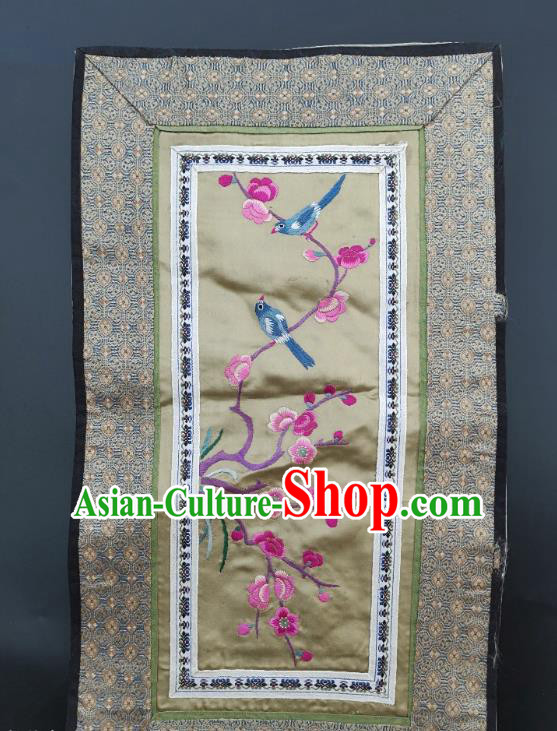 Chinese Traditional Embroidered Plum Birds Picture Handmade Embroidery Craft Embroidering Yellow Silk Decorative Painting