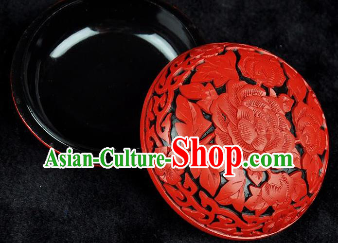 Chinese Traditional Handmade Carving Peony Rouge Box Red Lacquerware Craft Inkpad Box