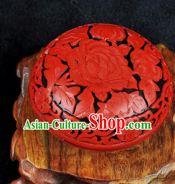 Chinese Traditional Handmade Carving Peony Rouge Box Red Lacquerware Craft Inkpad Box