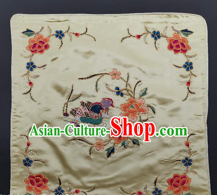 Chinese Traditional Embroidered Orange Peony Mandarin Duck Cushion Fabric Handmade Embroidery Craft Embroidering White Silk Pillowslip Applique