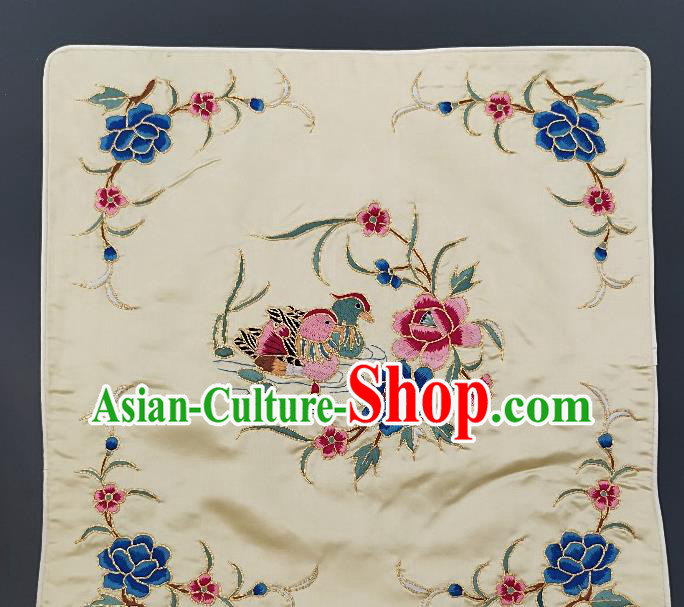 Chinese Traditional Embroidered Blue Peony Mandarin Duck Cushion Fabric Handmade Embroidery Craft Embroidering White Silk Pillowslip Applique