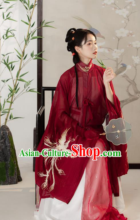 Traditional Chinese Ming Dynasty Patrician Female Costumes Ancient Noble Lady Hanfu Garment Embroidered Red Blouse and Skirt Full Set