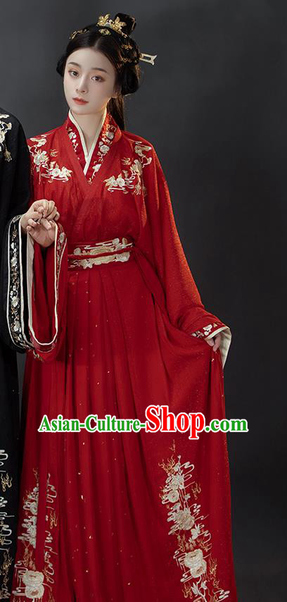 Traditional Chinese Jin Dynasty Princess Costumes Ancient Wedding Hanfu Garment Embroidered Red Blouse and Skirt for Patrician Woman