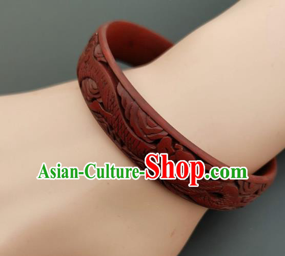 Chinese Handmade Carving Dragonfish Lacquer Bracelet Traditional Lacquerware Craft Red Bangle Accessories