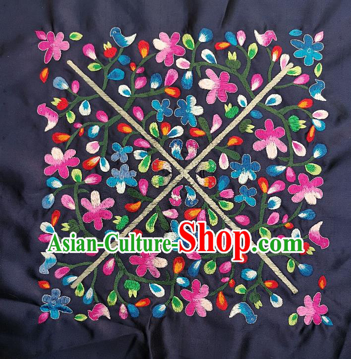 Traditional Chinese Embroidered Flowers Fabric Patches Handmade Embroidery Craft Accessories Embroidering Navy Silk Cushion Applique