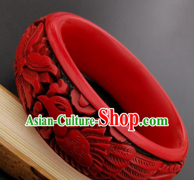 Chinese Handmade Carving Phoenix Lacquer Bracelet Traditional Lacquerware Craft Wedding Red Bangle Accessories